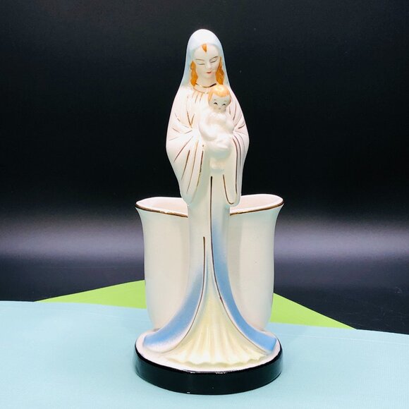 Vintage 60s SHAFFORD Porcelain Madonna with Baby Planter Rosary Holder Figurine - Picture 1 of 15